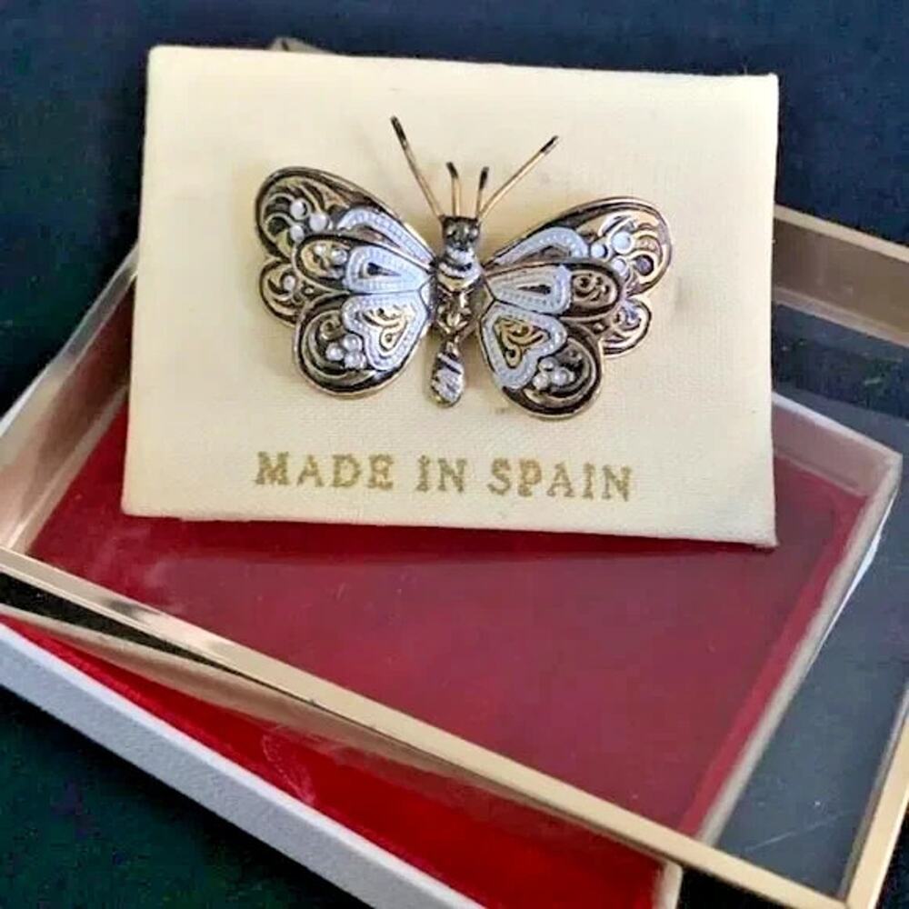 Vintage Spain Damascene Butterfly Brooch NOS Original Card & Box Toledo Two Tone